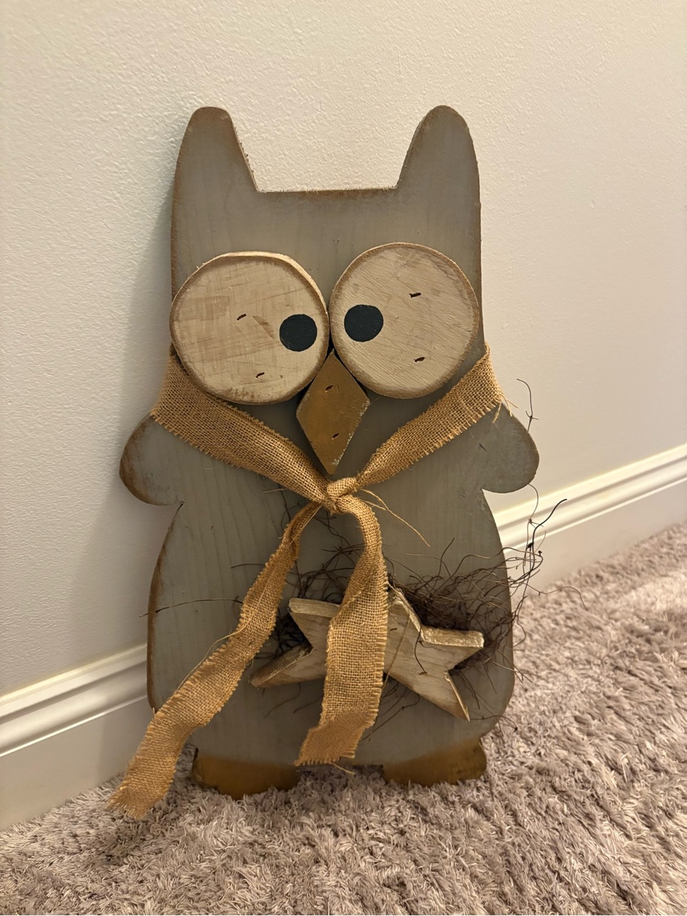 Rustic Wooden Owl Decor with Burlap Bow - Gray and Tan